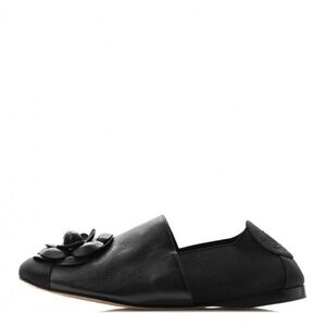 Chanel Black Camellia Leather and Grosgrain Loafers
